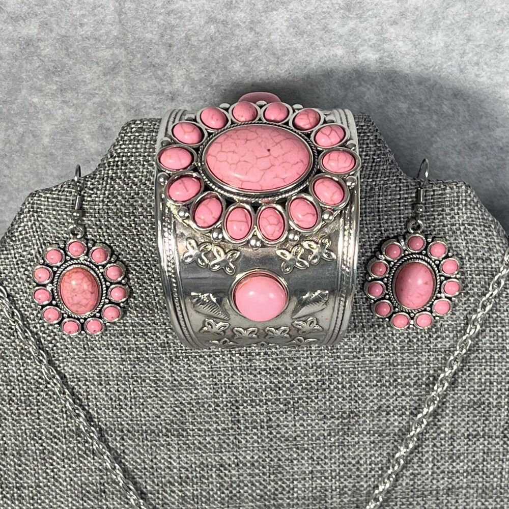 Howlite Jewelry Set Flower Earrings Cuff Bracelet Pendant Necklace Western Boho‎ - Picture 3 of 16